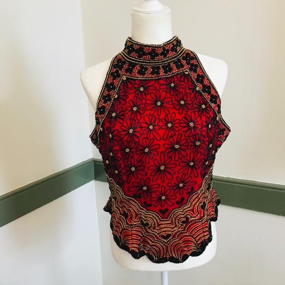 Papell Boutique Tops - Papell Boutique Beaded Silk Halter Top